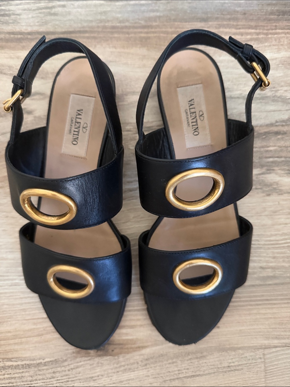 Valentino Black Leather Sandals with Gold Ring Accents